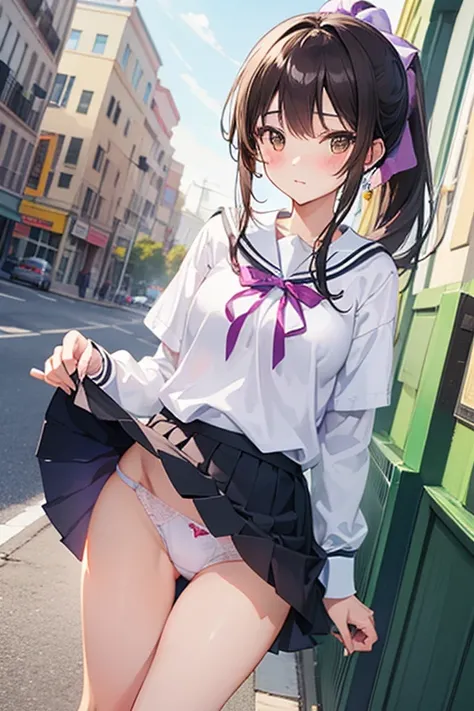 a girl, highschool student, brown ponytail, brown eyes, standing,  street, morning, glance, sunny, skirt lift, blush, purple ribbon, white  pantie