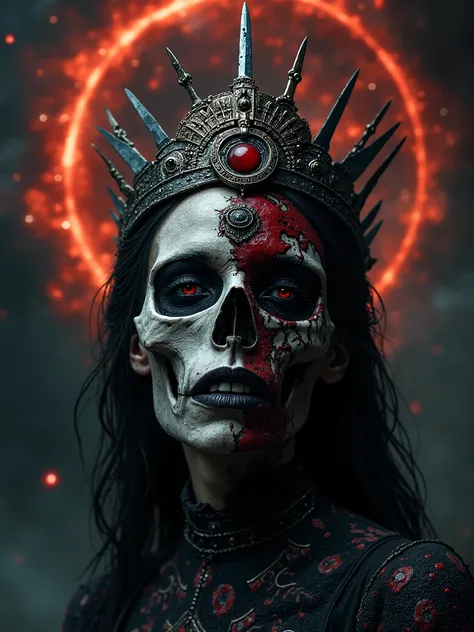 Beautiful Female cosmic entity,crown made from knives with eye of Providence in the middle of her forehead,half skull half face,spilled with red and black fluid,dark makeup,dark surrealism,dark realistic photography, dark occult art,melancholic dark art, s...