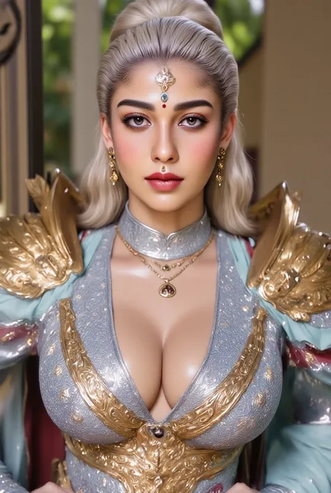 Full body image of Targaryen queen till thighs, thick milf body, big arms and biceps as warrior,  golden Dragon Armor with white, red and gold details, Silver white hair tied in a bun top of head, clear skin, red lips, symbol on forehead as sticker inspire...