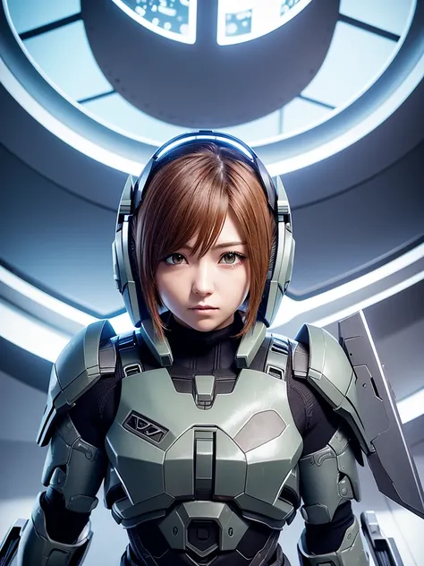 Image from the video game Halo but the character is female and an Anime version 