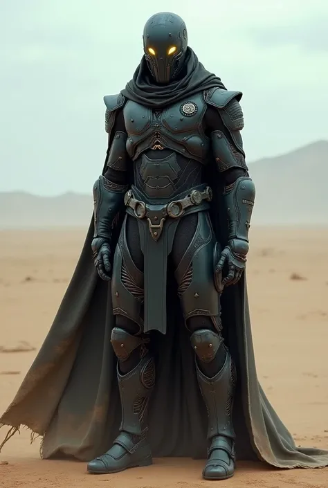 A lone futuristic warrior stands in a desolate, barren desert landscape. Clad in dark mechanical armor, a weathered cloak flows around him. His sleek helmet is featureless except for glowing yellow eyes, giving an alien and mysterious appearance. The highl...