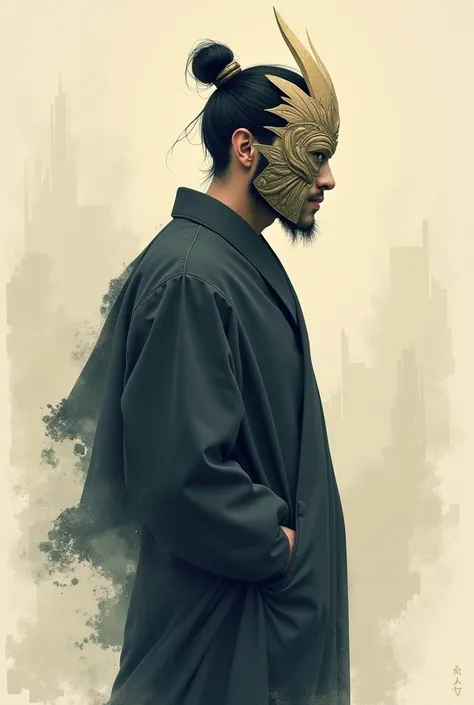  Symbolic illustration of a man wearing a mask. Mask japanese ,  holds philosophy and abstract meanings .