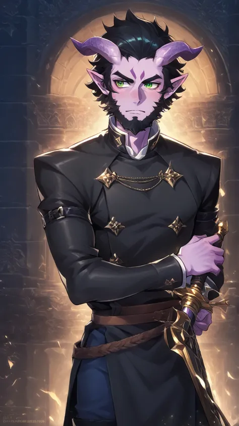 Male Bard rockstar Tiefling with purple skin,cool Tiefling horns with golden streaks, wearing leather outfit ,character of D&D, black hair, black beard,Ojos verdes,Sonrisa, perfect eyes, purple skin,medim black hair,bigote grueso, Cabello negro, Presumido,...