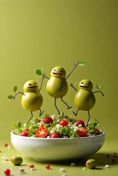 Green olives dancing on a salad plate