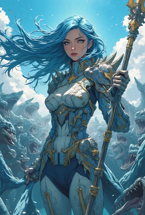 1girl, beautiful detailed eyes, beautiful detailed lips, extremely detailed face and eyes, long flowing blue hair, hair blowing in the wind, commanding an army, realistic Leviathan armor, trident, 3d anime style, sea monster army, best quality, 4k, 8k, hig...