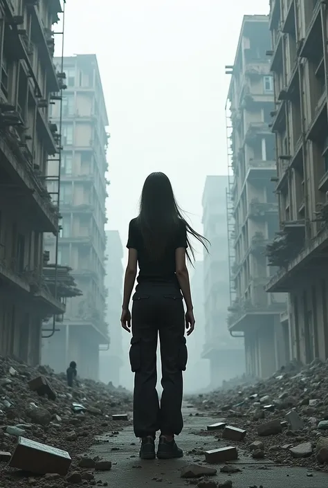 Fractured light ( a woman’s shadow standing in a broken and grey city has long hair wearing wide black cargo pants and a long black sleeve shirt)