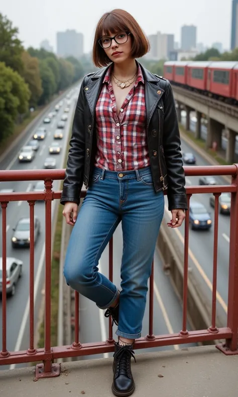 A woman, with a muscular build, thick, muscular legs, standing on an elevated bridge or walkway, overlooking a busy highway with several lanes of traffic. Brown hair, styled with bangs, short woman, The person is leaning against a red metal railing, with o...