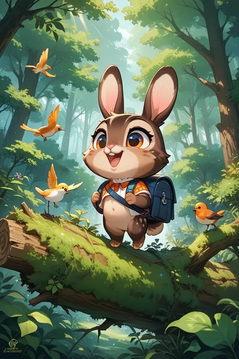 owo style , chibi,A brown rabbit wearing a tiny, worn leather backpack adorned with brass buckles stands beside a playful black squirrel with a twitching bushy tail, bouncing on a moss-covered log. The background features a lush, vibrant forest with dapple...