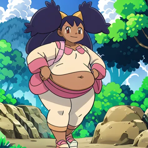 best quality, high quality, absurdres, masterpiece, outdoors, iris (pokemon), 1girl, solo, shirt, bow, pants, leggings, pink footwear, smile, weightchubby, weightobese, weightimmobile, exposedbelly, fatnavel, roundbelly 