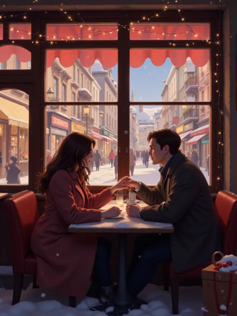  valentine, Cafe,  chocolate,  Snowy European Streetscape, Warm Light,  hold hands, Two Shadows Reflected in a Glass Window ,  Fairy Lights ,  gentle smile,  Dreamy Atmosphere 