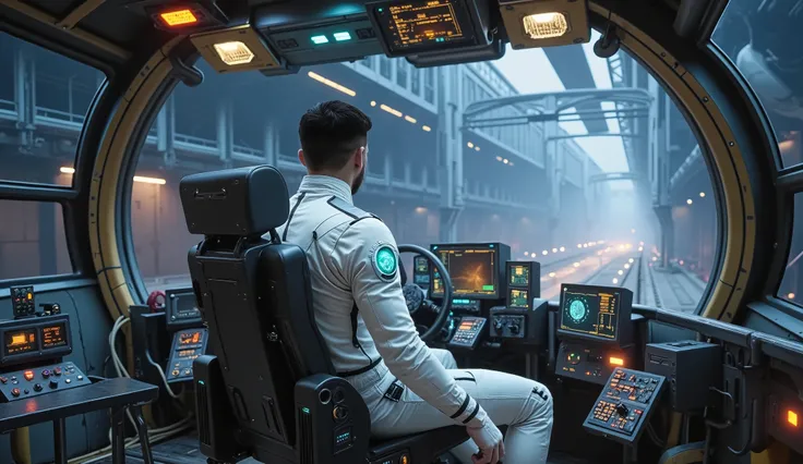  cool blue-gray tones with golden-bronze highlights,  soft ambient lighting ,  reminiscent of early dawn .  The futuristic spaceport is huge ,  glow with towering metal structures , with huge glass domes and sprawling launch platforms, .  Through the wide ...
