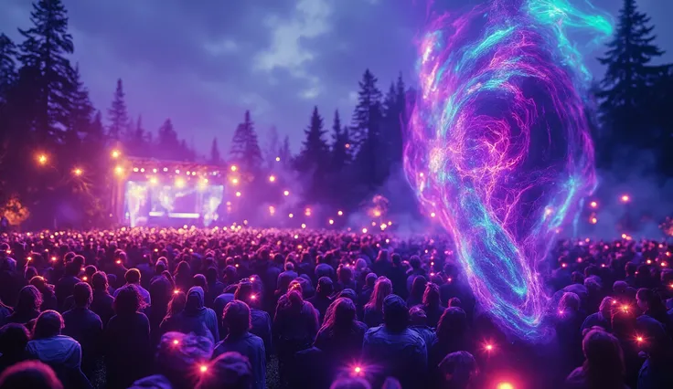 A hyperrealistic rave deep in the Norwegian forest at night, illuminated by neon lights that swirl through the air, casting colorful shadows on the dancers. In the foreground, a close-up shot of a beautiful Nordic woman’s face, her eyes closed in pure tran...