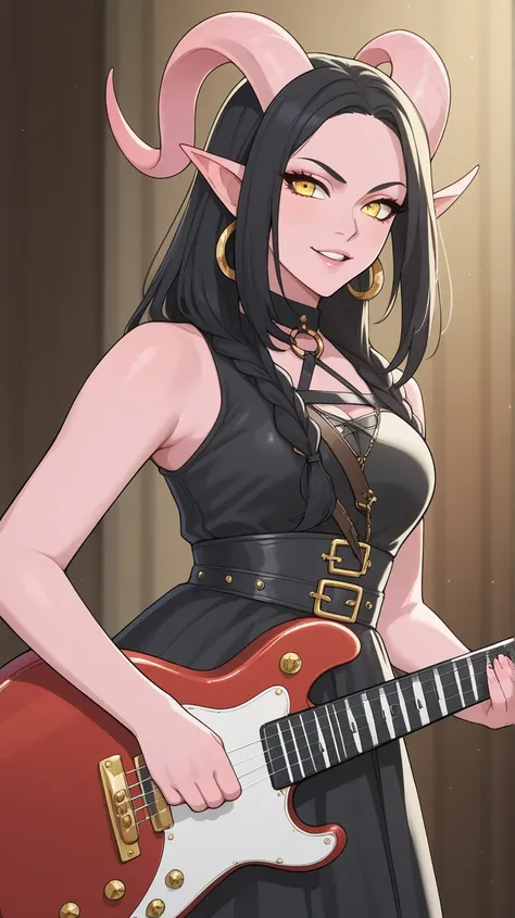 Female Bard rockstar Tiefling with pink skin,cool Tiefling horns with golden streaks, wearing medieval leather outfit,character of D&D, black hair,Ojos azules, Sonrisa, playing_instrument, electric_guitar, perfect eyes, pink skin,adult actress, athenafaris...