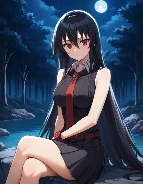 score_9,score_8_up,score_7_up, score_6_up, source_anime,1girl, solo,akame, long hair, black hair, red eyes, hair between eyes,skirt, dress, necktie, sleeveless, belt, shirt, black shirt, collared shirt, red necktie, black skirt,sitting on the rock, rokc, r...