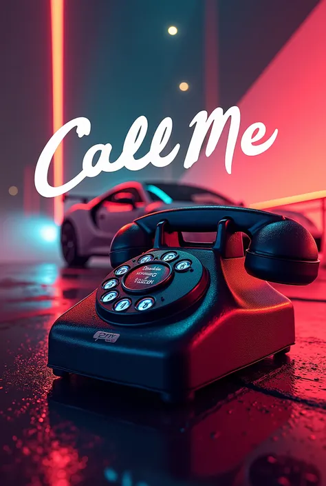 A cover for a song and put the word CALL ME on it and a telephone and a sports car in the background