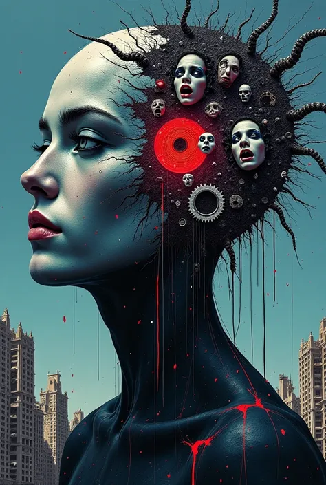 A dark, surreal album cover featuring:  
   - A human figure with a transparent head, revealing a brain filled with broken gears, screaming faces, and a dark maze with a red center.  
   - A cracked mirror splitting the image: left side shows a neutral fac...