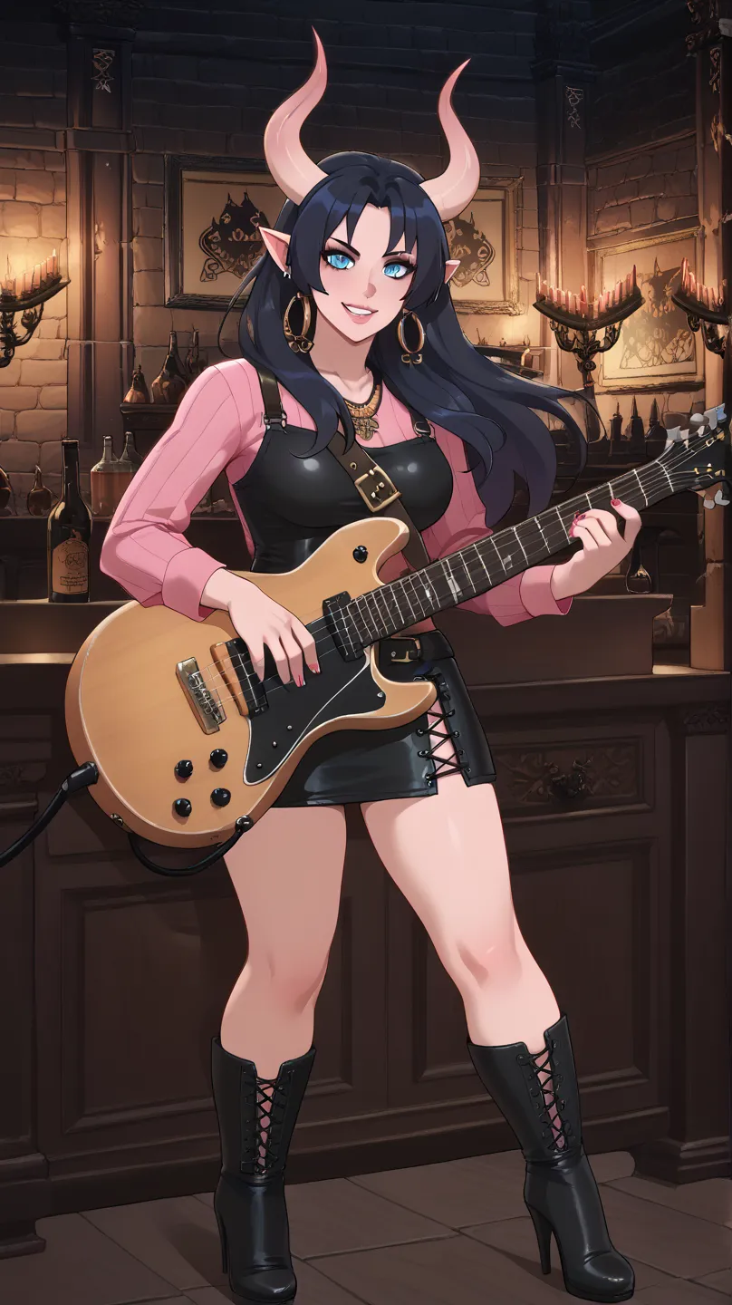 Female Bard rockstar Tiefling with pink skin,cool Tiefling horns with golden streaks, wearing a medieval leather outfit,character of D&D, black hair,Ojos azules, Sonrisa, playing_instrument, electric_guitar, perfect eyes, pink skin,adult actress, Jay_Jam, ...