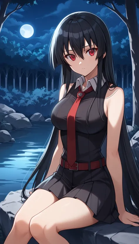 score_9,score_8_up,score_7_up, score_6_up, source_anime,1girl, solo,akame, long hair, black hair, red eyes, hair between eyes,skirt, dress, necktie, sleeveless, belt, shirt, black shirt, collared shirt, red necktie, black skirt,sitting on the rock, rokc, r...