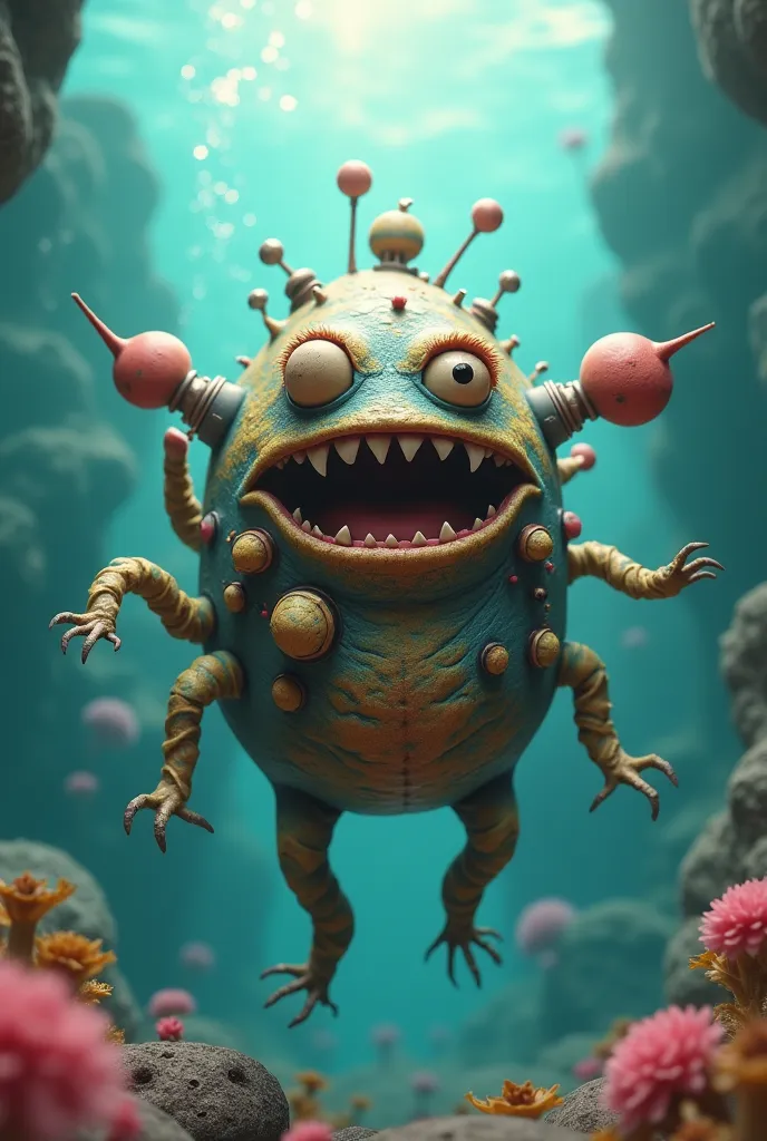 Portrait orientation, weird funny monster under water, 3 d