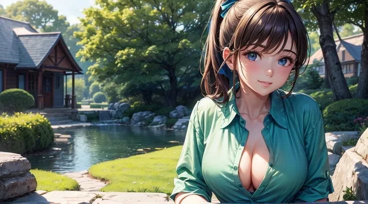 1girl, ((mature girl)), summer, trees, house, fantasy landscape, water, fish, birds, stone bridge, light brown hair, ponytail, large full breasts, dark blue eyes, ((green silk shirt)), ((unbuttoned shirt)), ((short sleeved shirt)), ((unbuttoning shirt)), (...