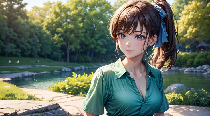 1girl, ((mature girl)), summer, trees, house, fantasy landscape, water, fish, birds, stone bridge, light brown hair, ponytail, large full breasts, dark blue eyes, ((green silk shirt)), ((unbuttoned shirt)), ((short sleeved shirt)), ((unbuttoning shirt)), (...