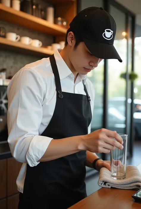 A tall and handsome young Korean man, Coffee shop attendant, with a white blouse and a black apron, black cap with the outline of a coffee cup, He is drying a glass cup with a kitchen towel, your head down, But your eyes fixed on the front