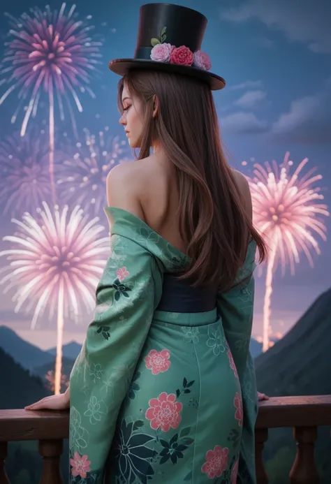 score_9, score_8_up, 1girl, solo, NSStpumker, brown hair, long hair, top hat, green kimono, flower pattern, bare shoulders, from behind, mountains, pink fireworks, purple sky