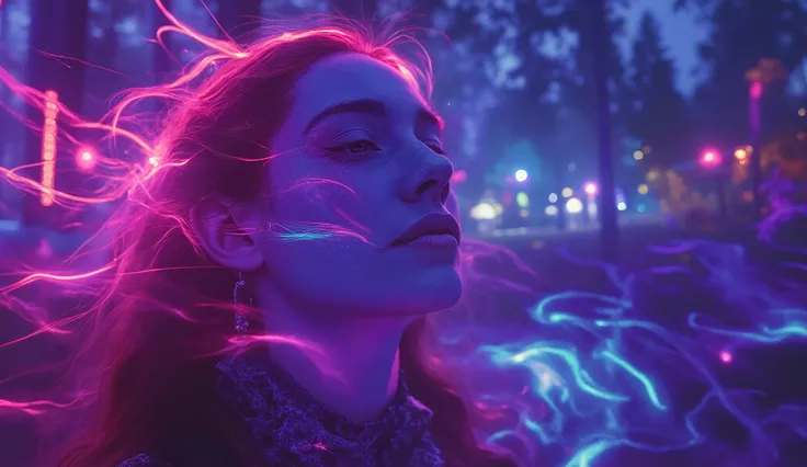 A hyperrealistic rave deep in the Norwegian forest at night, illuminated by neon lights that swirl through the air, casting colorful shadows on the dancers. In the foreground, a close-up shot of a beautiful Nordic woman’s face, her eyes closed in pure tran...