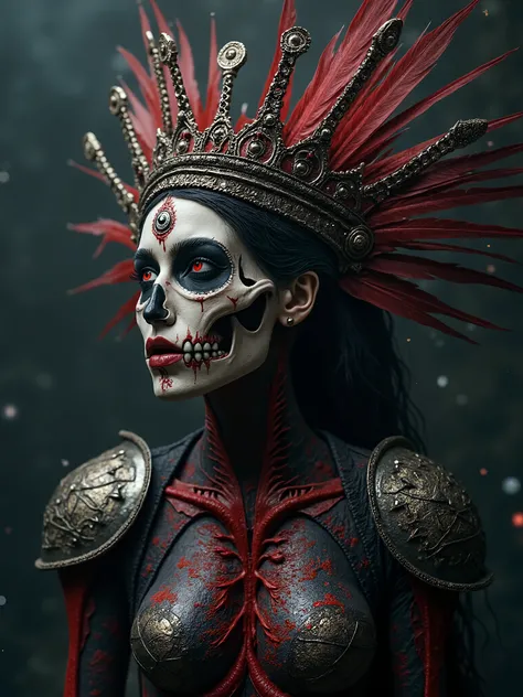 Beautiful Female cosmic entity,crown made from chains and feathers,with eye of Providence in the middle of her forehead,half skull half face,spilled with red and black fluid,dark makeup,dark surrealism,dark realistic photography, dark occult art,melancholi...