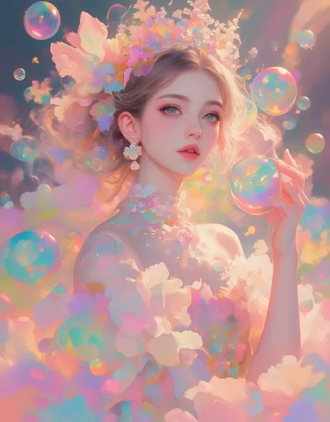  fantastic虹の泡の美しい王女、1 Female、 Elegant Poses  、 fantastic、 dreamy 、colorful rainbow bubbles  , Shining Light,  mystical ,  pastel color  ,  cinematic lights,  Fantasy ,  digital art ,  concept art  ,  Masterpiece,  top quality, 8k,  Learn more,  photorealis...