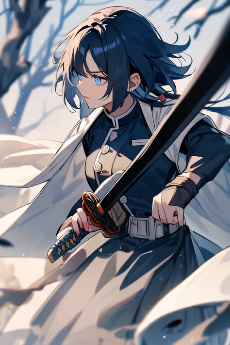 A female Demon Slayer character with neither too long nor too short hair, With blue blue eyes, That she looks like Tomioka Giyu , And his katana is blue, wearing her demon hunter uniform 