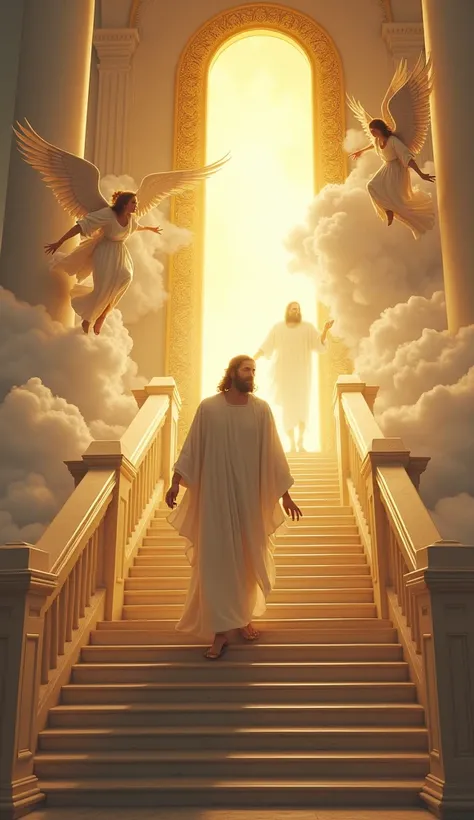  The image depicts a heavenly scene with a man dressed in white ,  representing Jesus , descending the stairs as a  dressed in white ascends a lighted marble staircase.  At the top of the ladder ,  there is a portal adorned with gold details ,  emanating a...