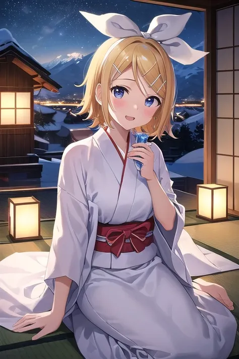 ((best quality)), ((masterpiece)), (detailed),1 girl。 Kagamine Rin。(moving composition)。Mountain lodge。The yukata becomes loose。 Snow Scenery 。tatami。get drunk。