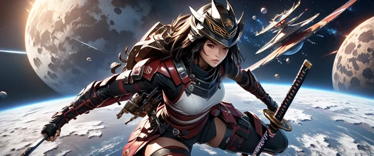 wide angle, a female samurai predator, killer, assassin, unnatural skin, female body samurai predator, some parts of samurai armor, standing in space ferry between planet and moon, realistic digital painting, sci-fi, aiming from hidden weapon attached to a...