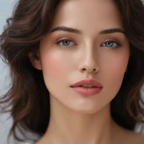 A close-up shot of a woman's face, taken from a low-angle perspective. The woman's head is facing the right side of the frame, her hair cascades over her shoulders. Her eyes are blue, her eyebrows are a light brown, and her lips are a darker shade of pink....