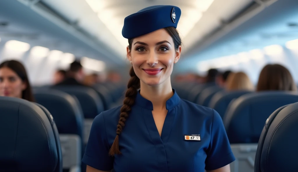 face 29 years old busty flight attendant Spanish woman in dark blue branded blouse and signature flight attendant headdress, face exactly in the middle of the frame, on the background of a Boeing 787 Dreamliner (flight 347), there are no inscriptions on th...