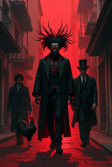  Exu you lock the street , With a rooster , an older man with darker hair color in a sophisticated suit and wearing a top hat and all in shades of black and red