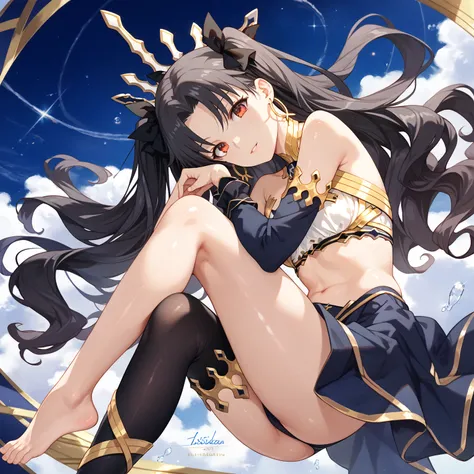 ishtar, red eyes, black hair, long hair, two side up, parted bangs, black ribbon, hair ribbon, tiara, hoop earrings, jewelry, neck ring, bikini, single sleeve, detached sleeves, single thighhigh, black thighhighs, glossy skin, glistening skin, looking at v...