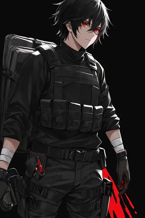 a men, black hair,red eyes,black shirt,tactical pants,pouches,platecarrier black background,bandages,blood,looking at the spectator