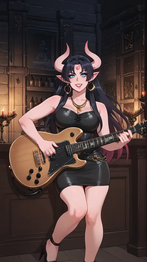 Female Bard rockstar Tiefling with pink skin,cool Tiefling horns with golden streaks, wearing a medieval leather outfit,character of D&D, black hair,Ojos azules, Sonrisa, playing_instrument, electric_guitar, perfect eyes, pink skin,adult actress, Jay_Jam, ...