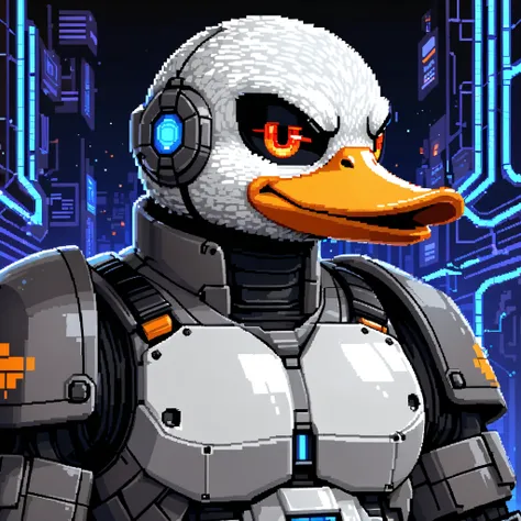 Create a highly detailed 8-bit pixel art image of a macho, tough, and intimidating duck's head, inspired by the Flipper Zero icon. The duck should have a bold black-and-white design with sharp, aggressive features, a strong jawline, and a confident express...