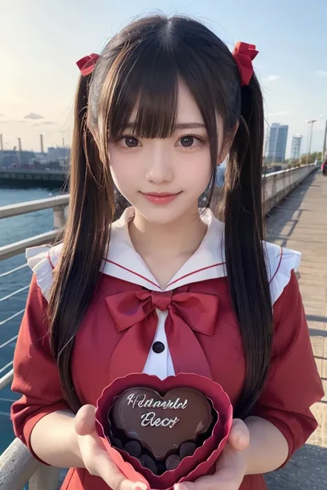  is leaning against the bridge parapet  , long hair ,  straight hair , round face , bust up ,  sailor suit  ,  as pictured , , medium breasts, (((32K))), (16k), (8k), (4K), (((32K heart background))), ((( cute girl))), (((cute girl))), ( Beautiful fine eye...