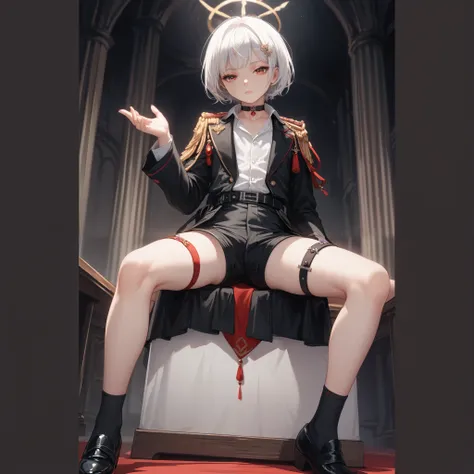 ((최고의 품질)), ((걸작)), (상세한), 완벽한 얼굴, SOLO, 1 BOY, SHOTA, ANIME, beautiful detailed eyes, BOB hair, WHITE hair, RED EYES, BARE thighs, (((BARE LEG))), ((BLACK short pants)), (((dress shirt))), Flat chest, Choker, expressionless, (black Thigh strap), Royal pal...