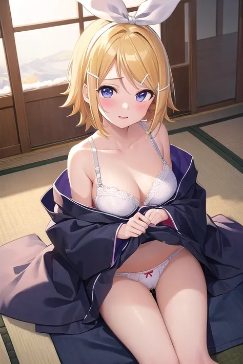 ((best quality)), ((masterpiece)), (detailed),1 girl。 Kagamine Rin。(moving composition)。Mountain lodge。The yukata becomes loose。 Snow Scenery 。tatami。get drunk。 chest is visible。Bra and panties visible。pussy juice spills