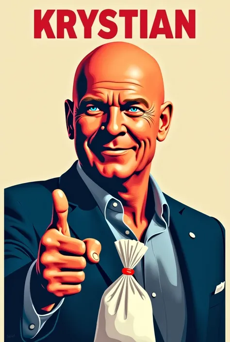 Politic Poster in Ronald Regan style where is a Bald man with bule ayes and little smile,he has one hand in the up and other holding white stuff in bag, poster is Titled Krystian 