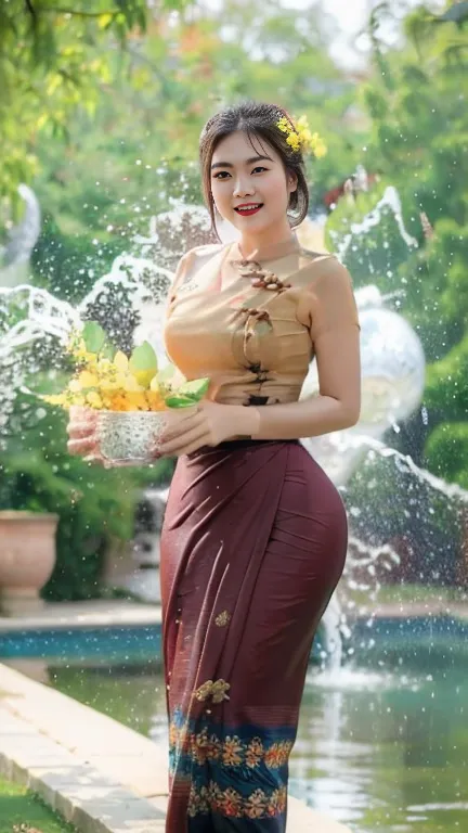 Burmese girl with attractive curvy full body.  Friends full-length bikini, (black,+blue 💙 dress ) A beautiful Burmese girl is wet with water and looking at the photographer with a smiling face.All the people are happy and celebrating  Everyone wants to lov...