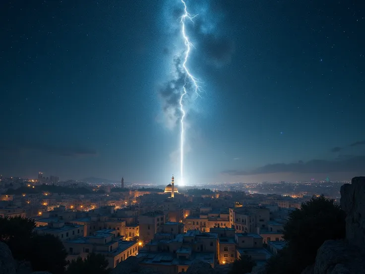 Hyper-realistic 8K UHD night sky above Israel, showing an awe-inspiring celestial event. A radiant beam of light descends from the heavens, illuminating the ancient streets of Jerusalem below. The sky is filled with stars in stunning clarity, with a faint ...