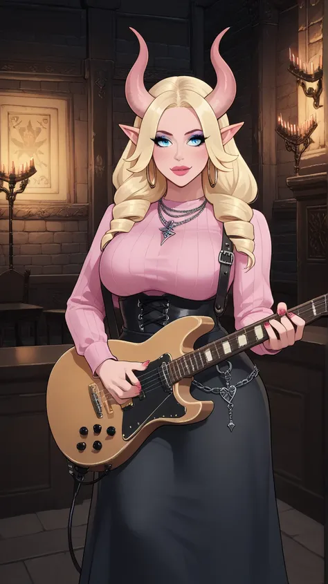 Female Bard rockstar Tiefling with pink skin,cool Tiefling horns with golden streaks, wearing a medieval leather outfit,character of D&D,Ojos azules, Sonrisa, playing_instrument, electric_guitar, perfect eyes, pink skin,adult actress,background fantasy tav...