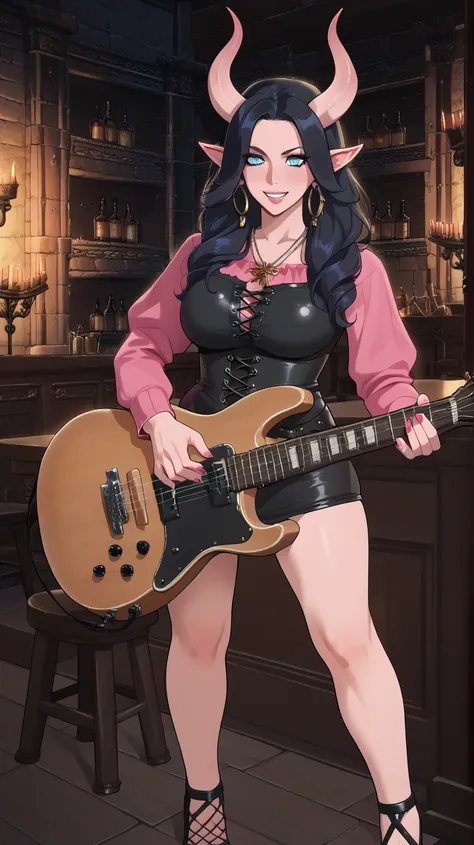 Female Bard rockstar Tiefling with pink skin,cool Tiefling horns with golden streaks, wearing a medieval leather outfit,character of D&D, black hair,Ojos azules, Sonrisa, playing_instrument, electric_guitar, perfect eyes, pink skin,adult actress, Jay_Jam, ...