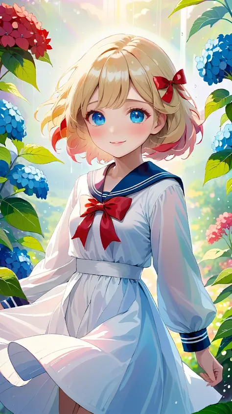  top quality, masterpiece,  watercolor style , girl,ブロンド, blue eyes, white dress,Red Ribbon Hydrangea, after the rain,rainbow, look up at the sky,smile,The light spreads, white dress, sailor collar, Long Sleeve, The cuff is dark blue , line is above the cu...